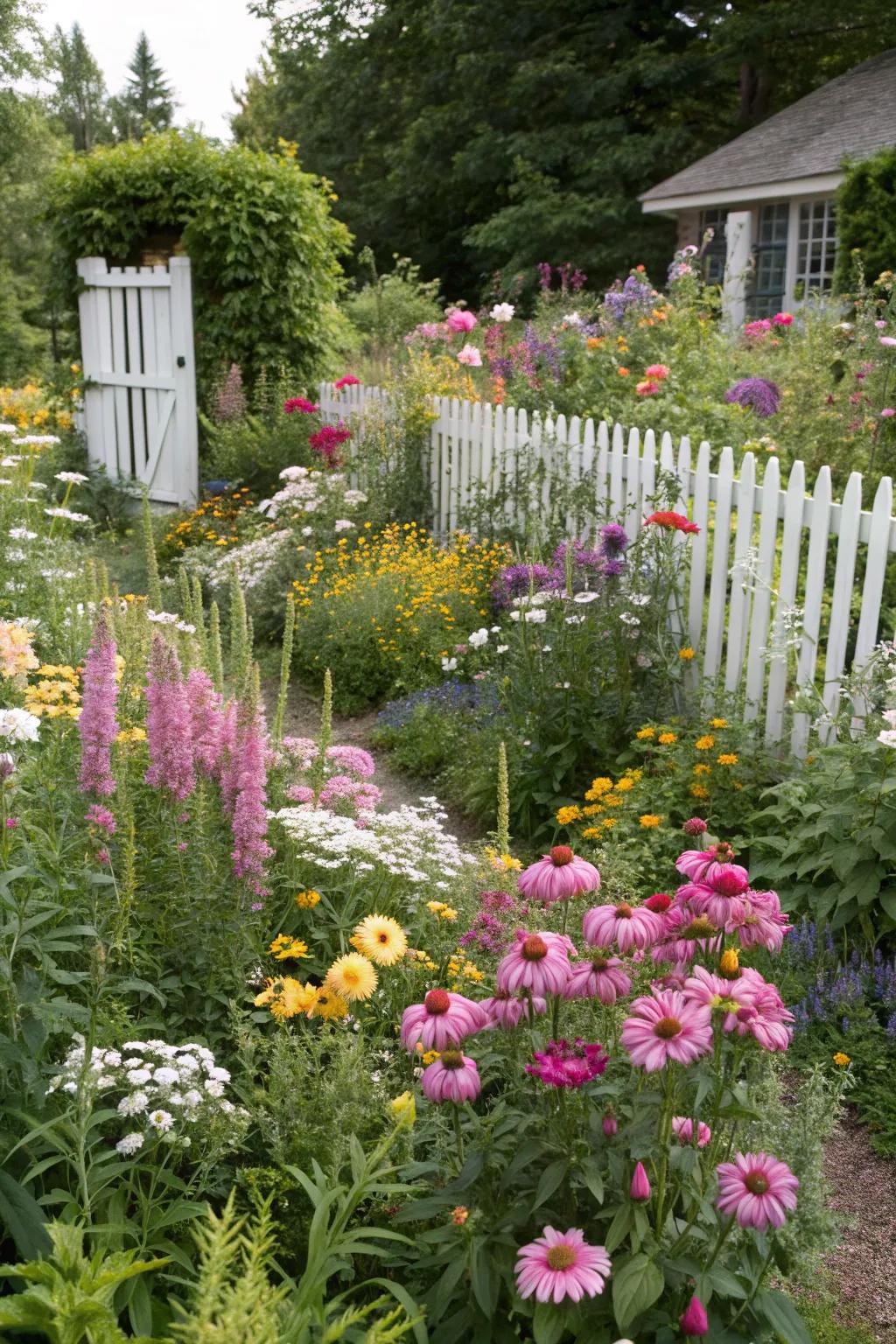 A charming cottage garden overflowing with bright, cheerful flowers.