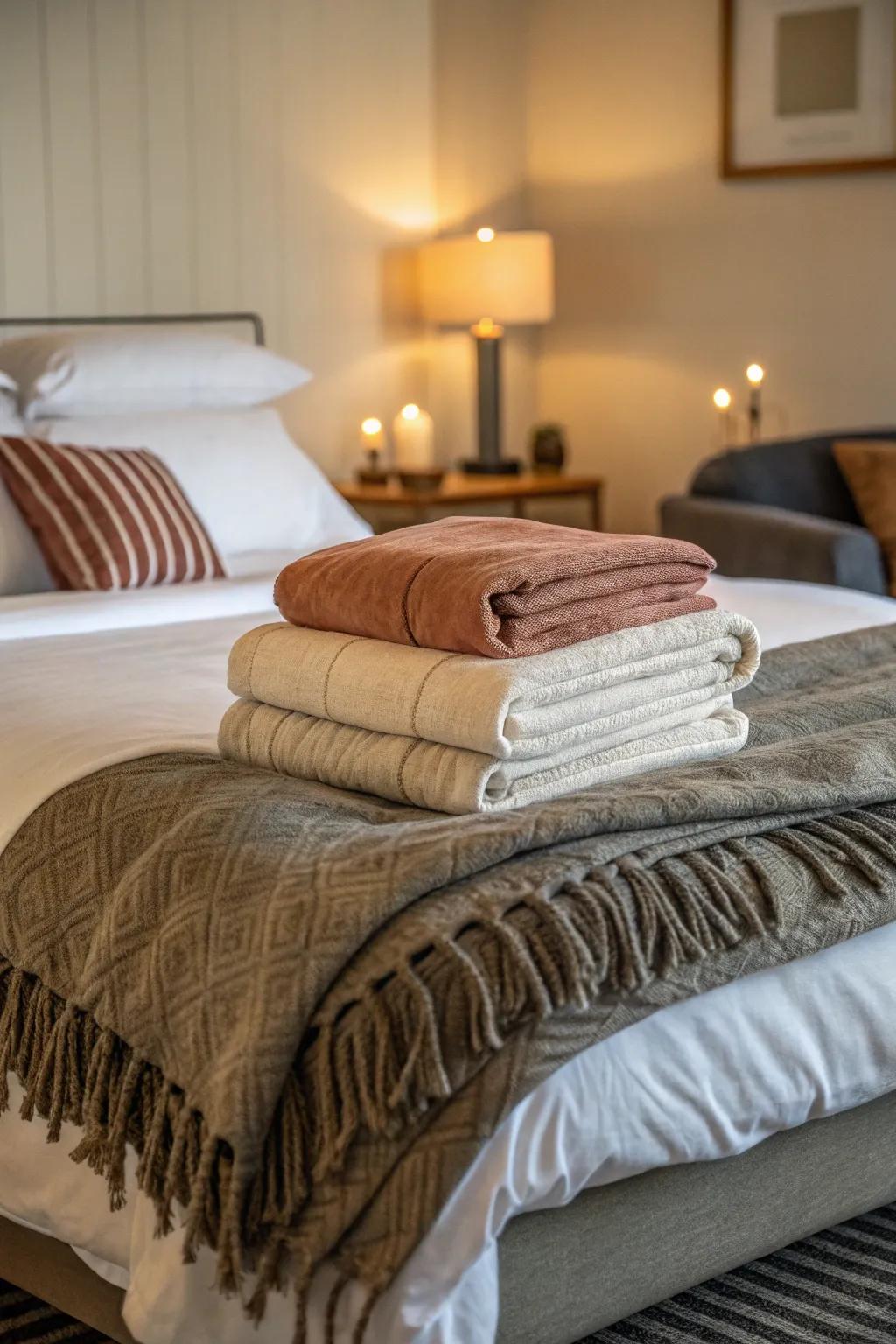 Layering throws creates a luxurious and welcoming bed space.