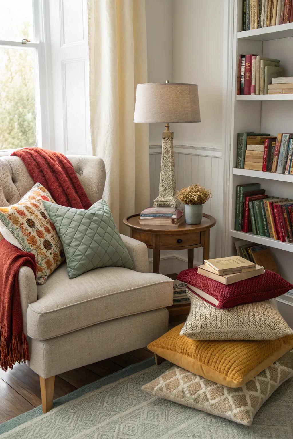 A meticulously layered arrangement of throw pillows creating a warm and appealing reading nook.