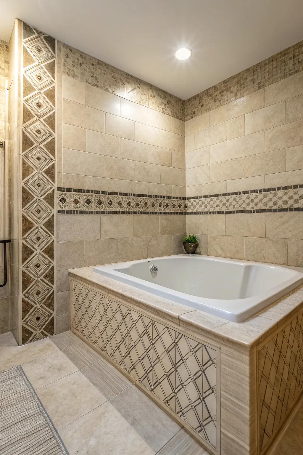 Textured tiles enrich the visual and tactile experience of your bathtub area.