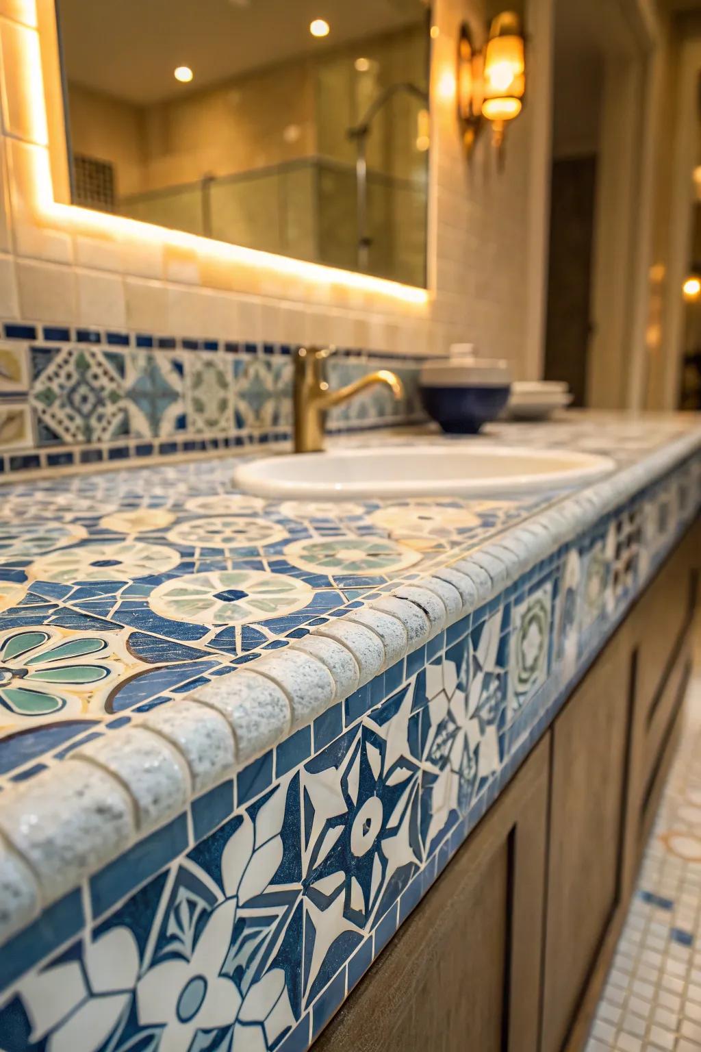 Mosaic tiles establish an artistic centerpiece.