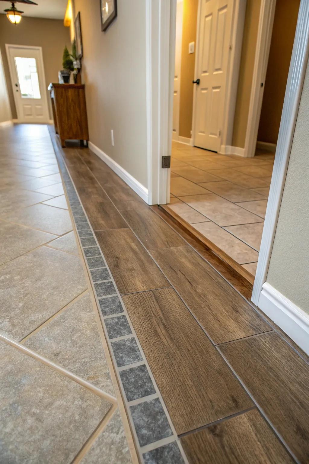 A sloping piece links a stoneware floor to a raised fake wood floor.