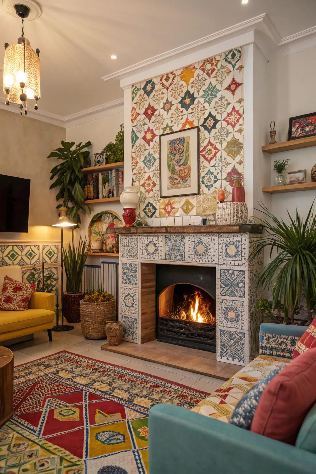 Striking patterns add vibrancy and individuality to this varied fireplace.