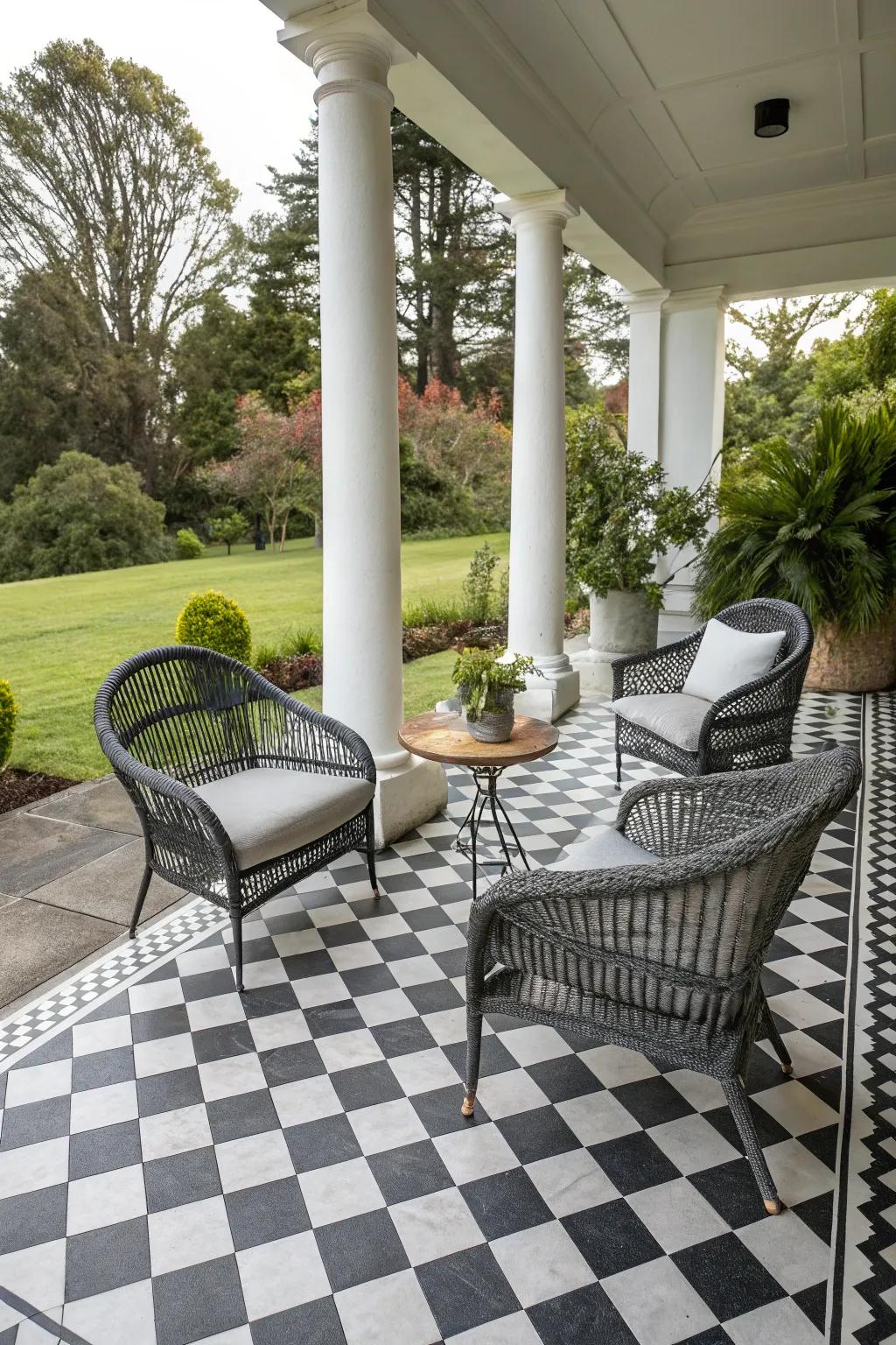 The bold checkerboard pattern adds a striking contrast to this porch.