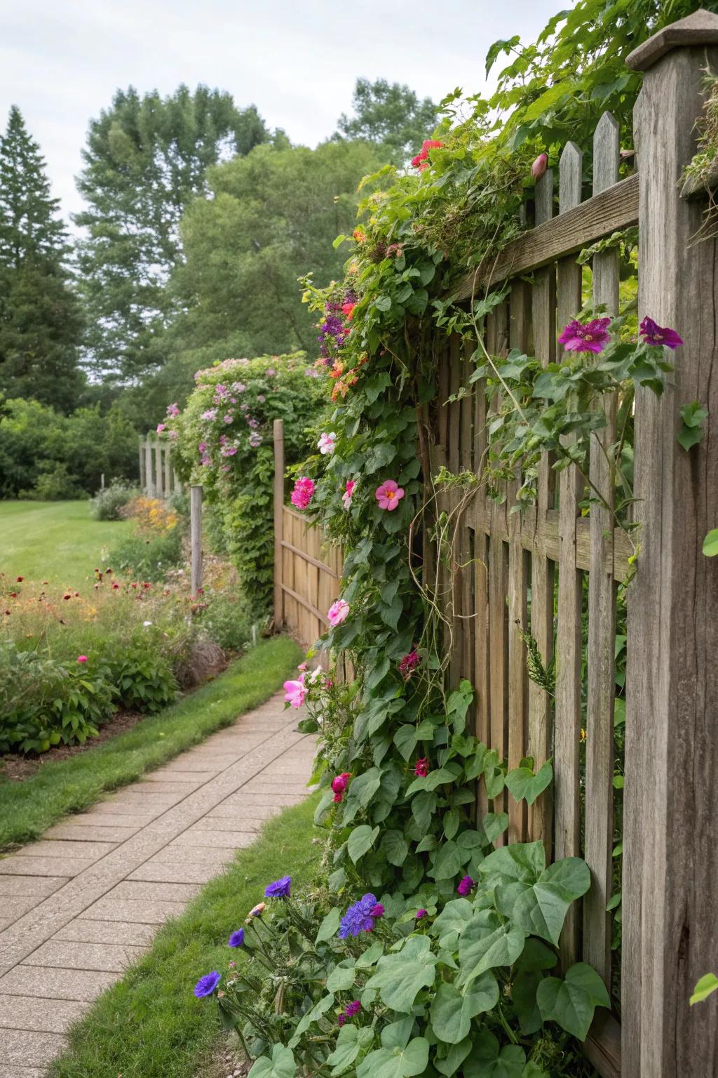 Harmonize your fence with the outdoors using climbing plants.