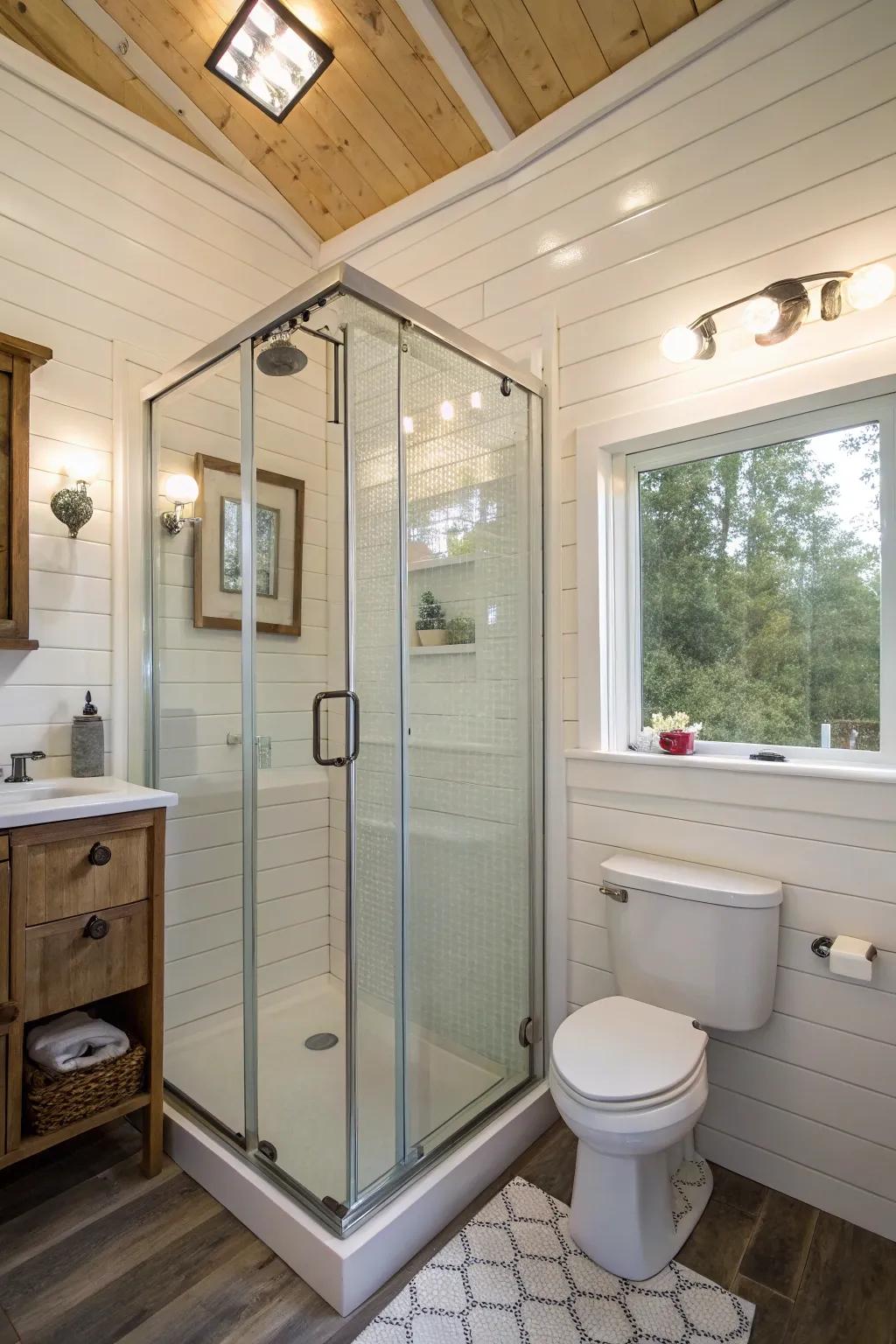 A recessed shower cleverly maximizes space in this compact bathroom.