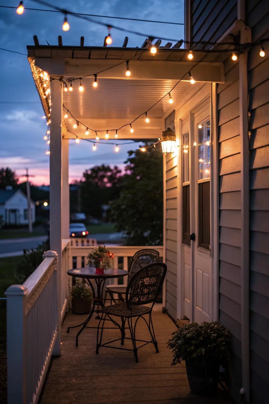 The allure of festoon lights on a tiny porch.