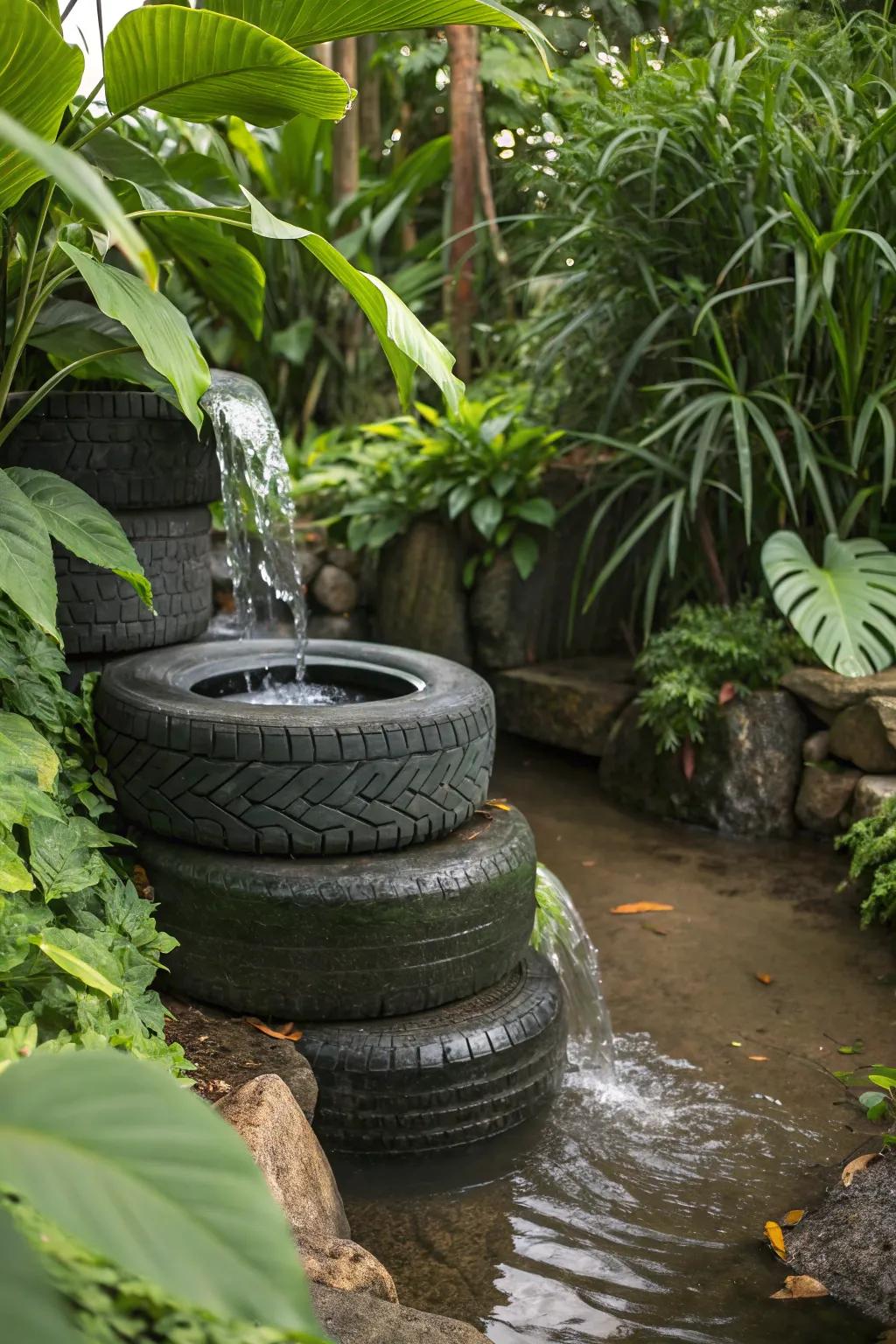 A multi-level stacked tire pond with cascading water.