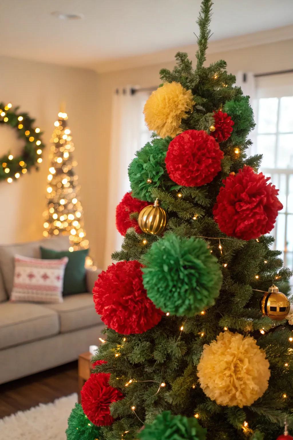 Pom-poms create fun and safe tree decorations.