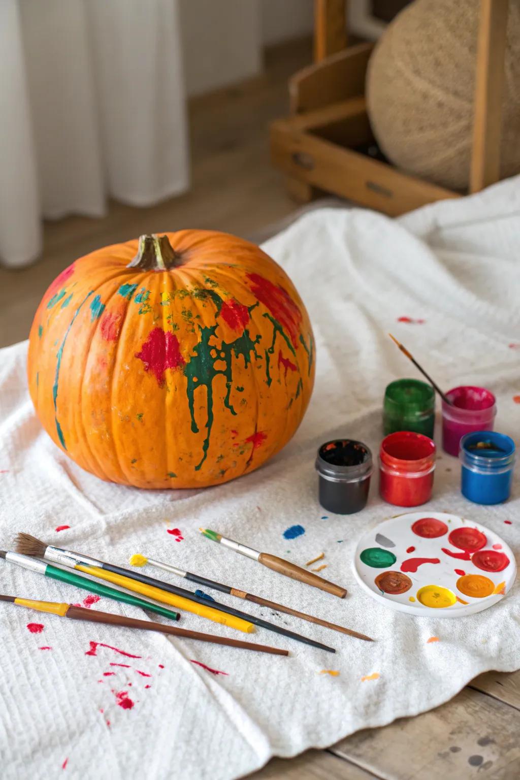 Let your toddler's creativity loose with paint-splattered pumpkins.