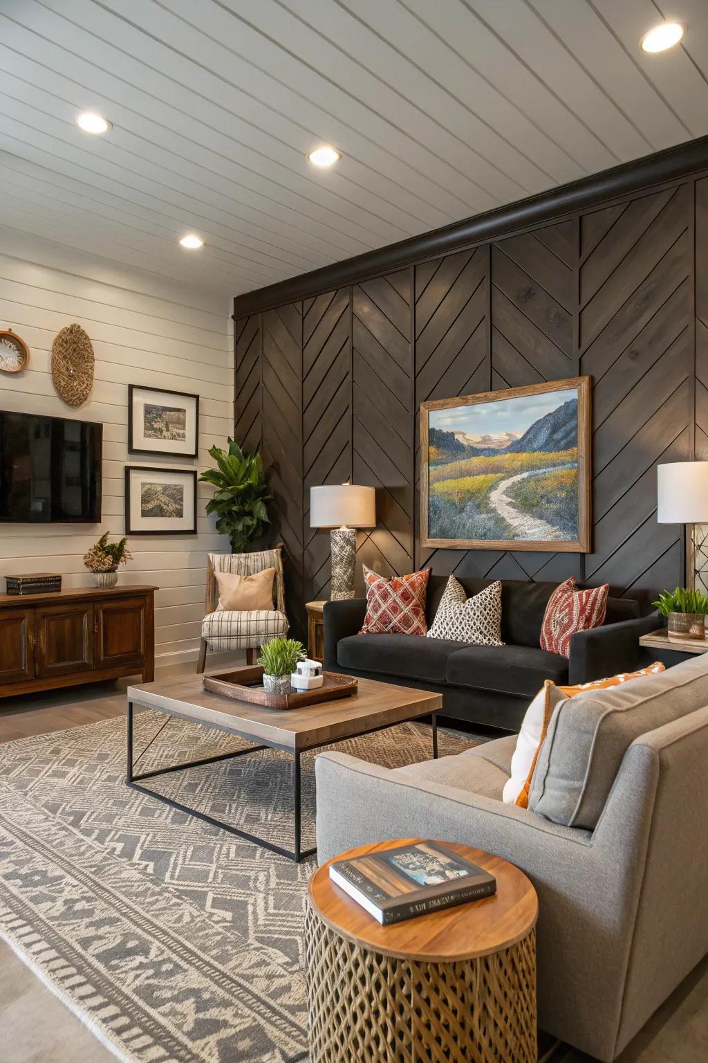 A bold accent wall made with tongue and groove panels elevates this living space.