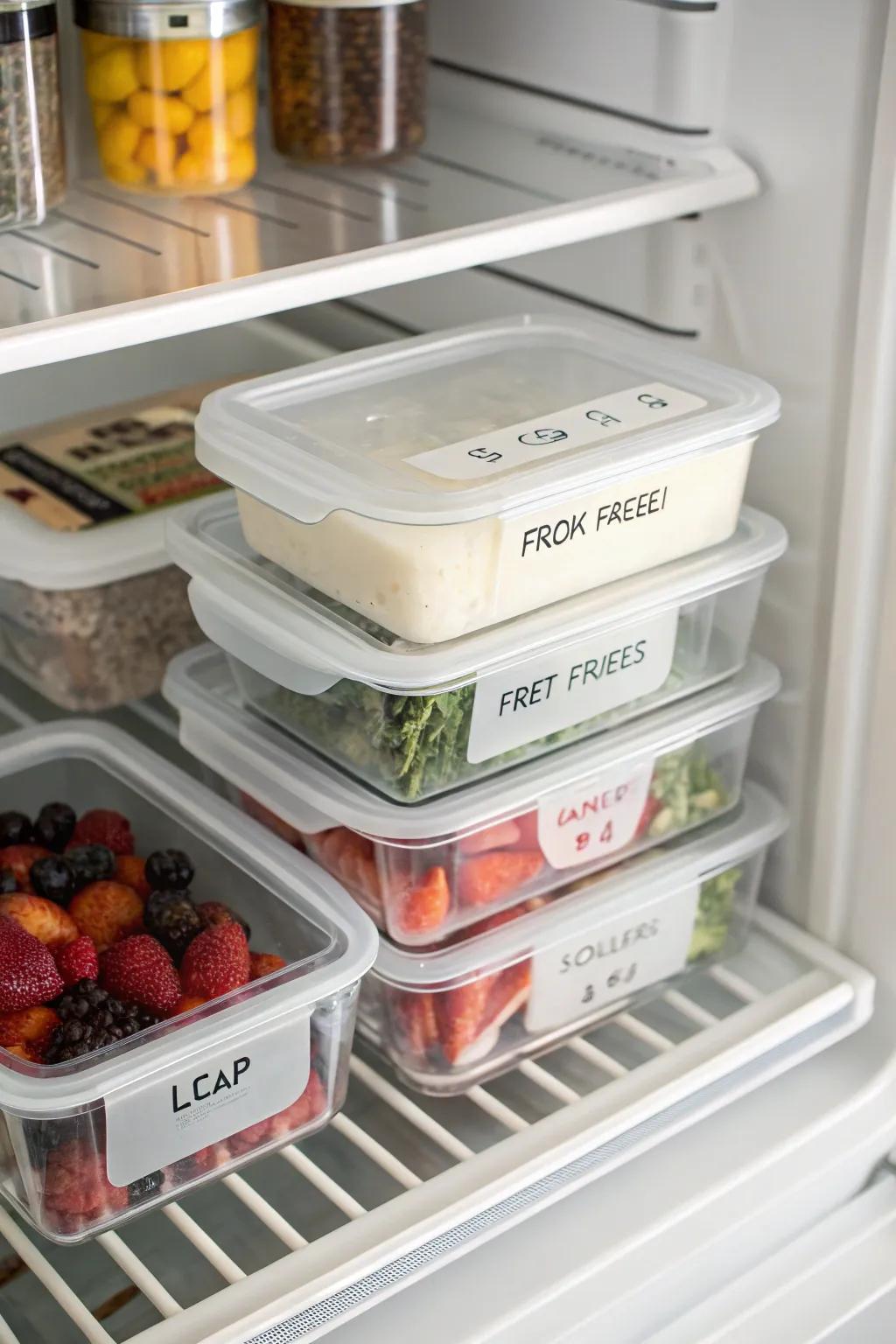 Labeled containers inside a top freezer, each clearly displaying categorized items for simple identification.