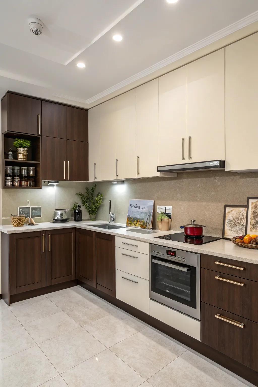 Two-tone cupboards contribute dimension and individuality to your kitchen décor.