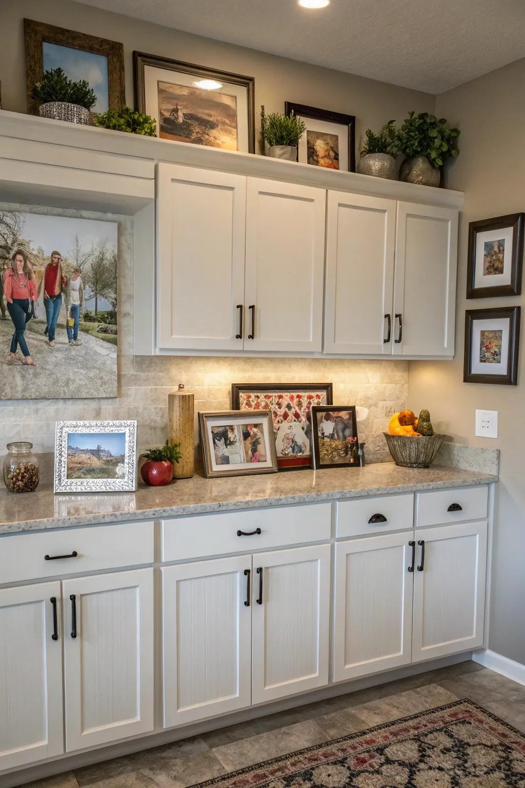 Inject a personalized touch with artwork and prints above your cabinets.
