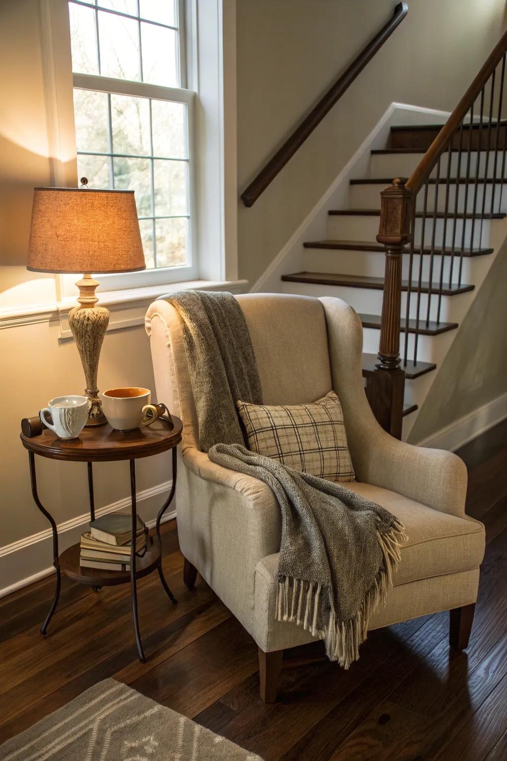 Establish a cozy spot with a seating area at the top of your stairs.