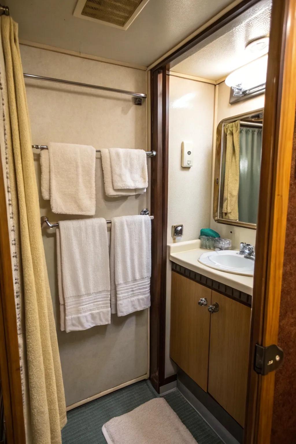 Cleverly utilize door area with an over-the-door towel hanger.