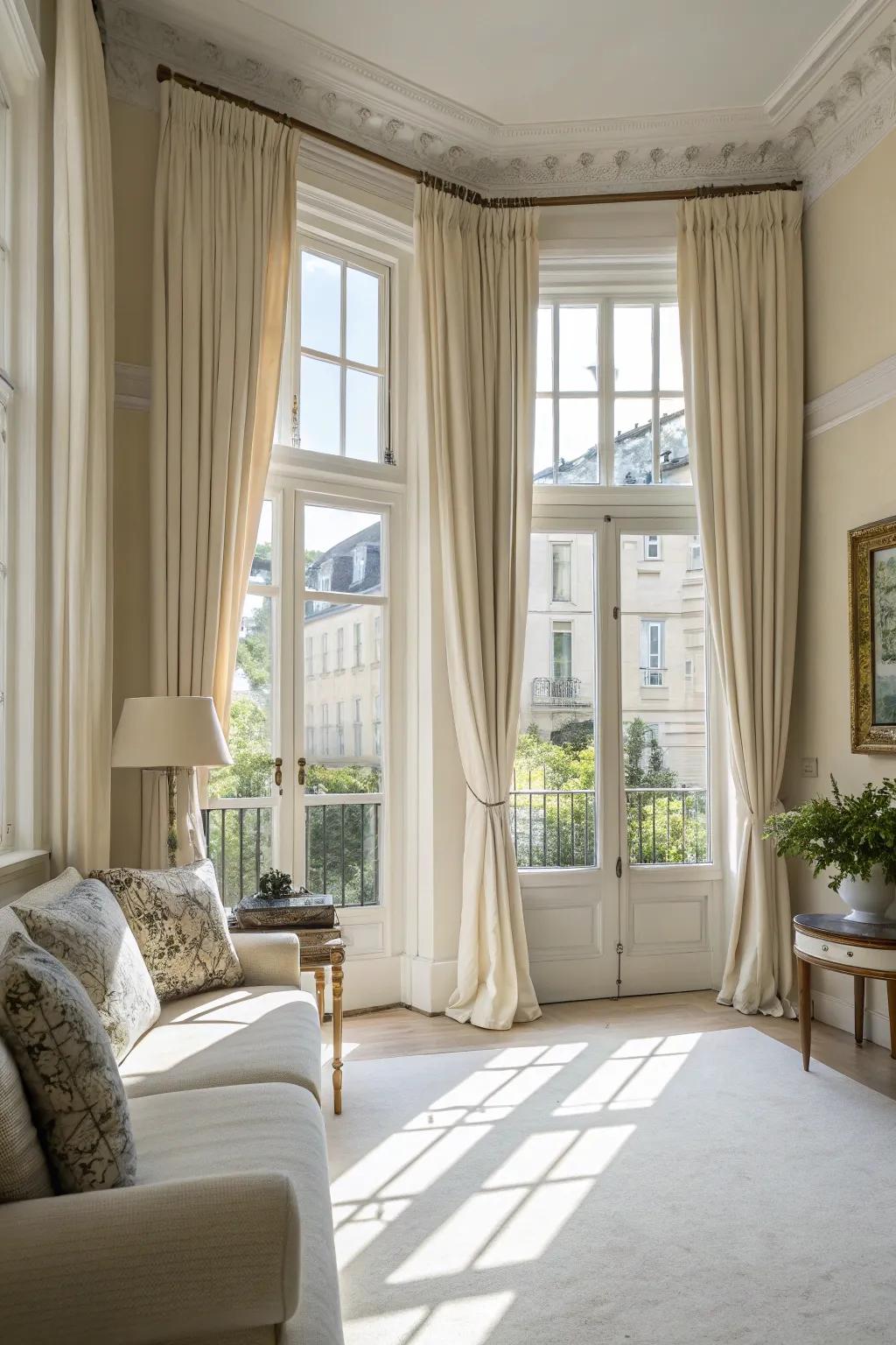 Bright room showcasing expansive windows and airy drapes