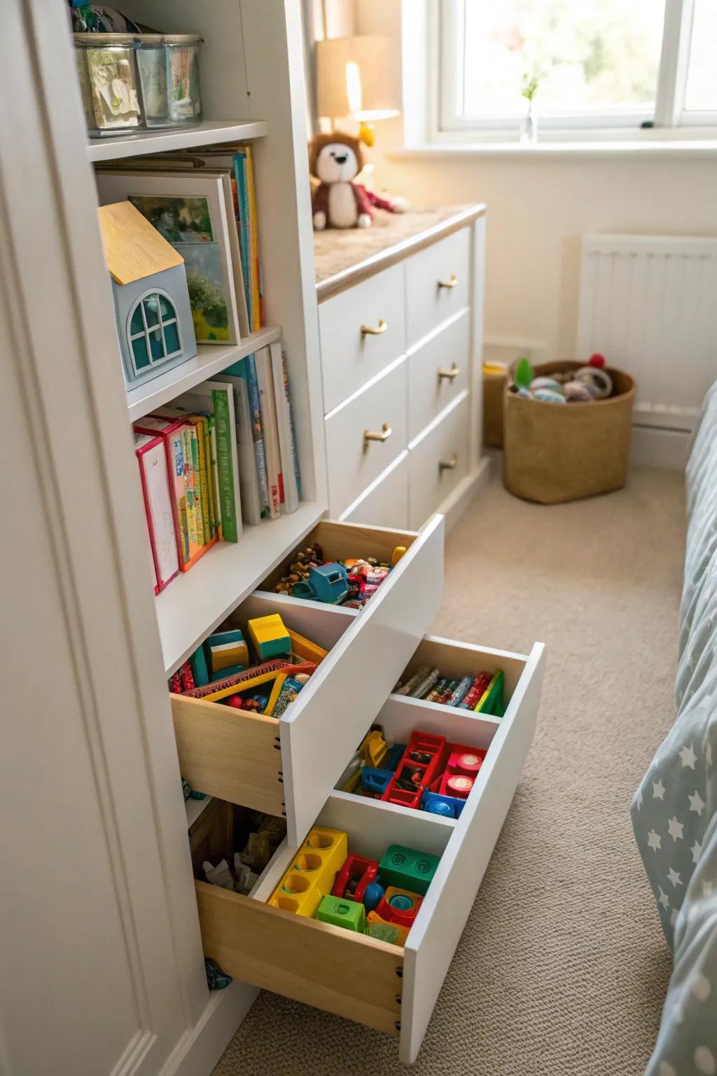 Small drawer systems keep toys organized and reachable.