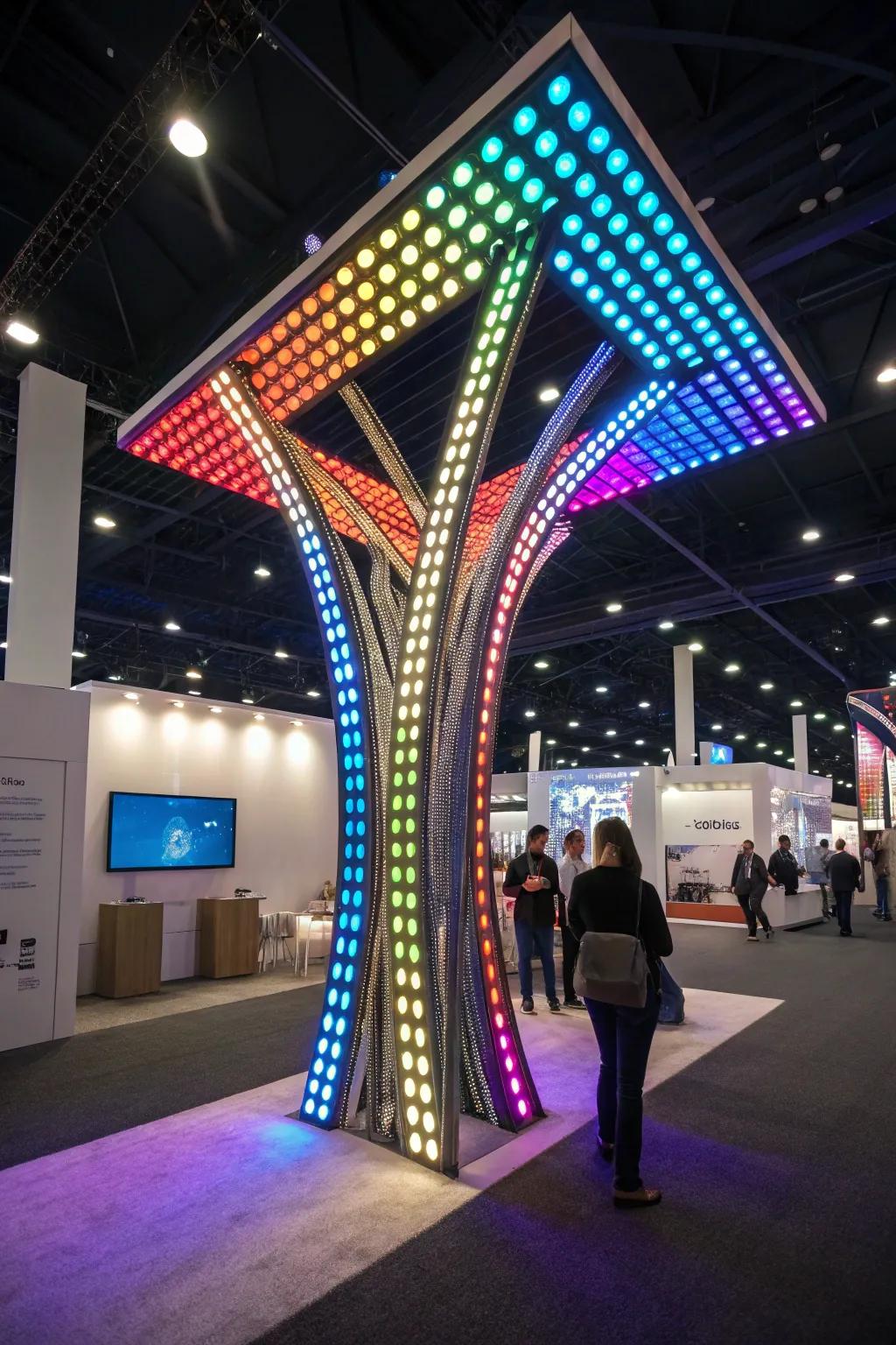 Inventive lighting constructions that attract attention and raise booth design.