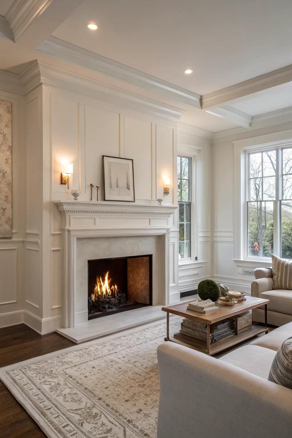 A fireplace painted in harmony with the room's walls.