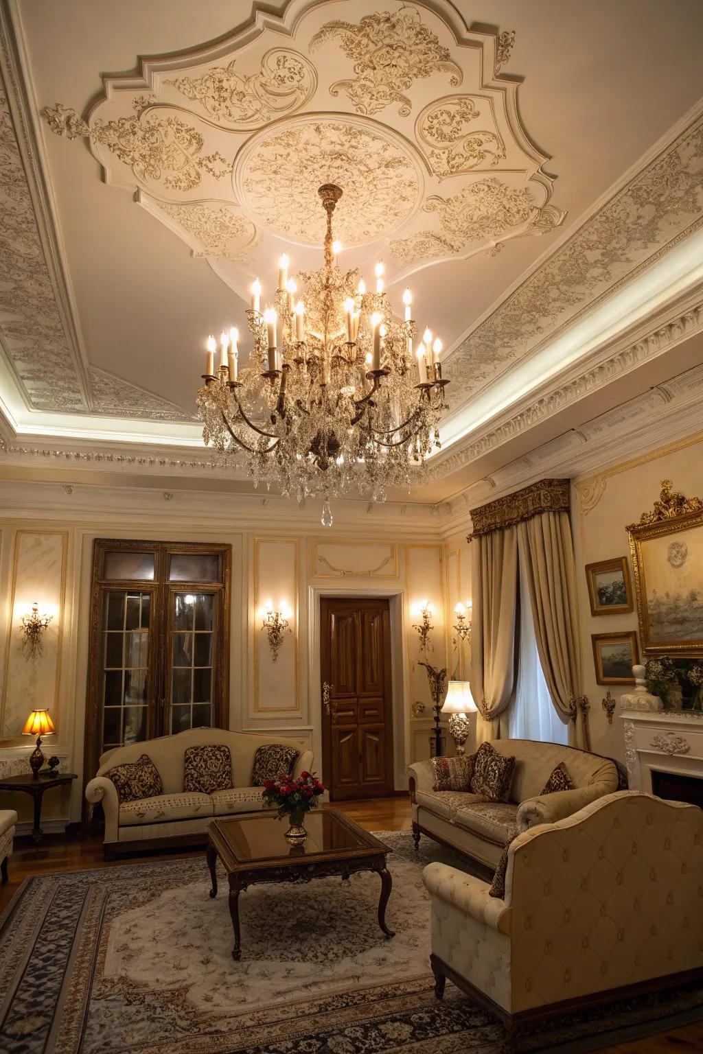 Fancy details like hanging lights add character to a classic living room.