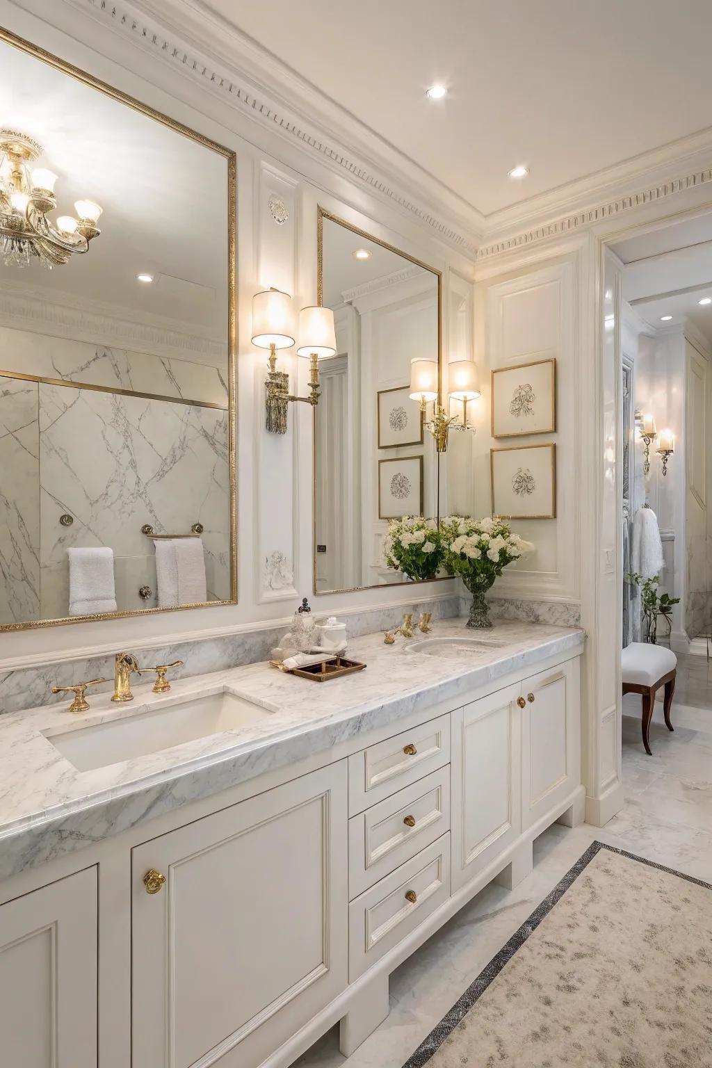A white bathroom featuring chic stone countertops, which inject a lavish element.