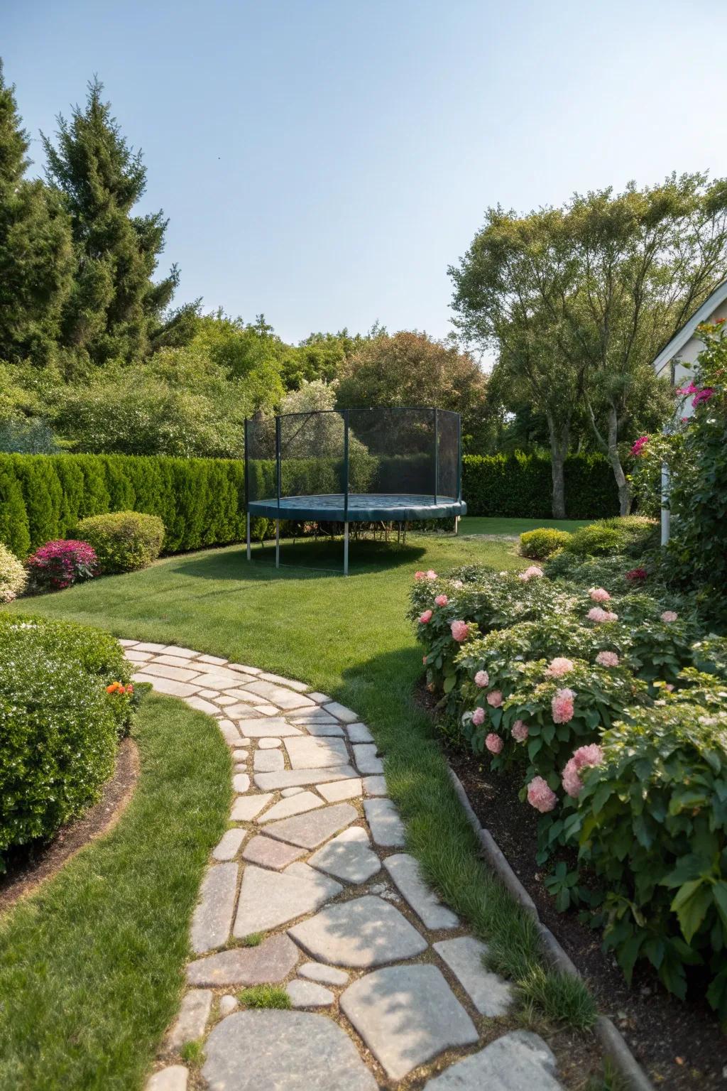 A whimsical stone pathway guiding visitors to the bounce bed.