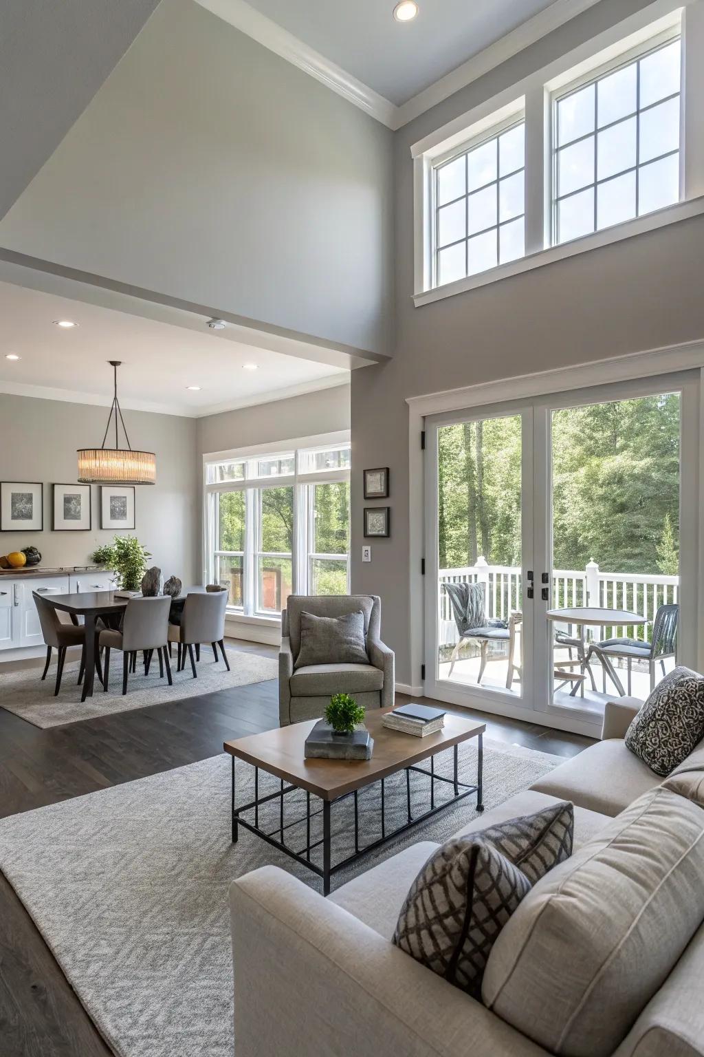 Neutral gray walls create a seamless transition between spaces.