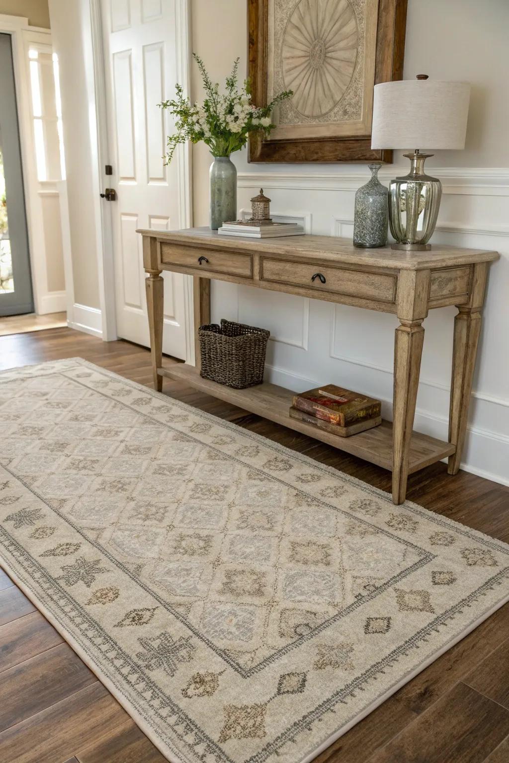 A thoughtfully selected rug can secure your entryway and impart a welcoming sensation.
