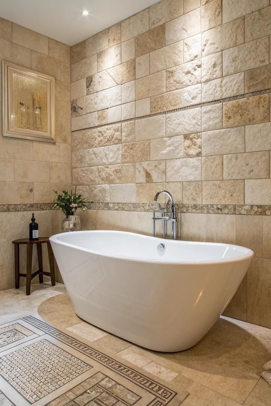 A freestanding bathtub beautifully contrasted against a wall adorned with travertine.