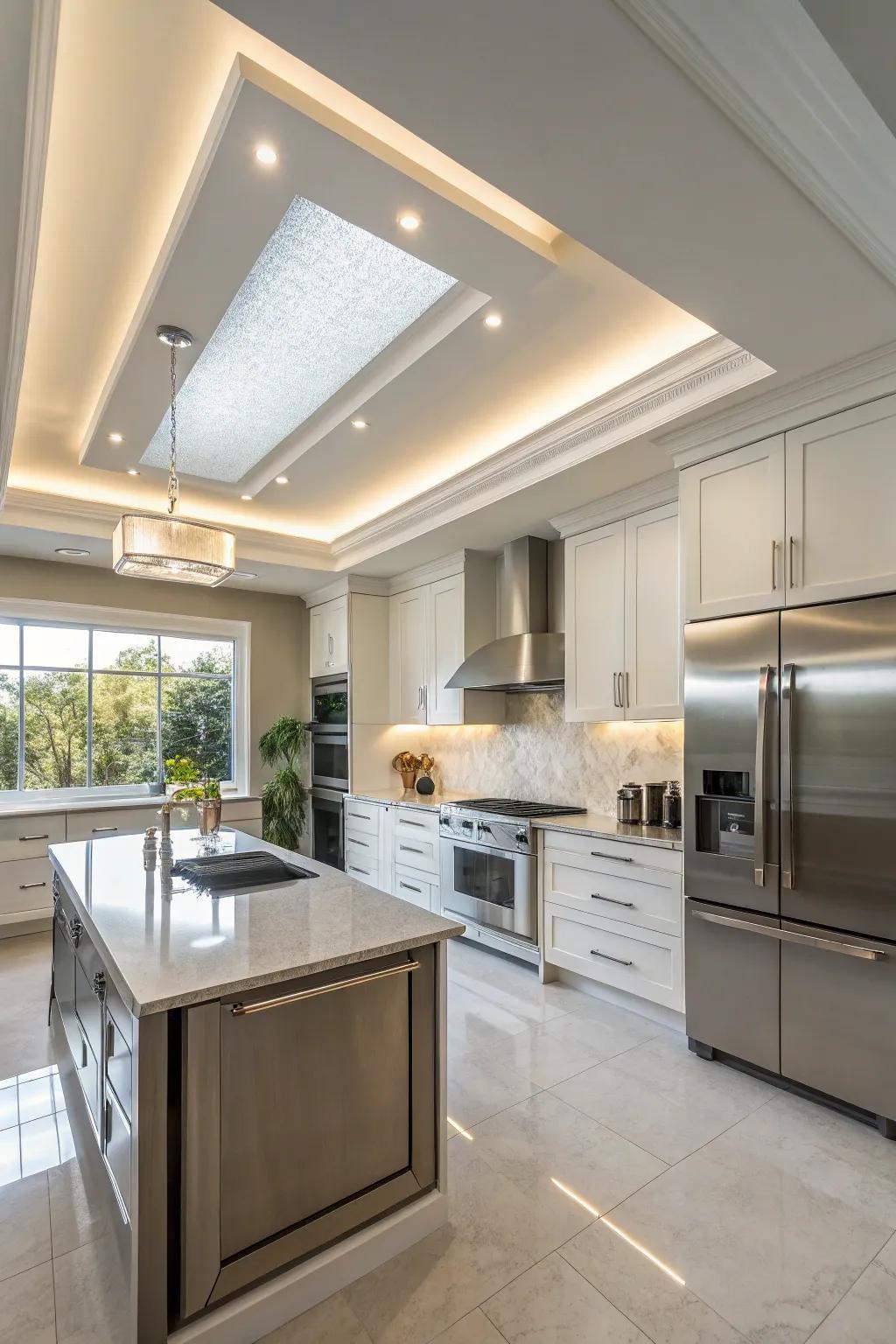 A modern kitchen featuring a stylish tray ceiling.