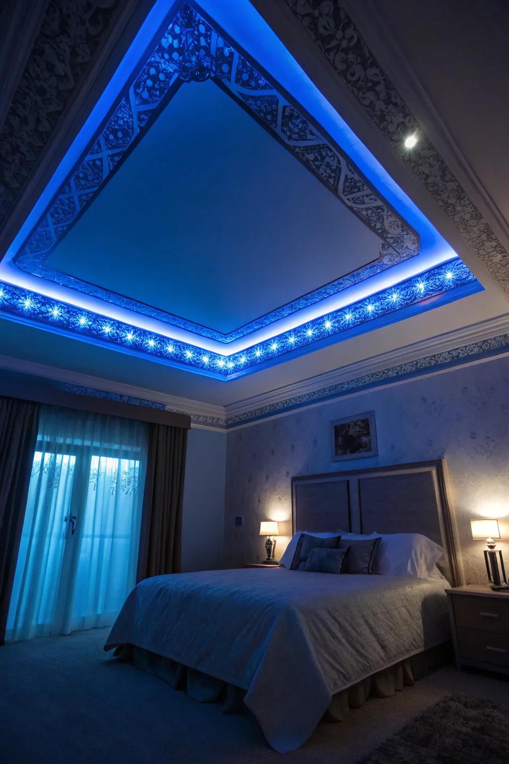 A bedroom highlighted with blue light banding for a modern accent.
