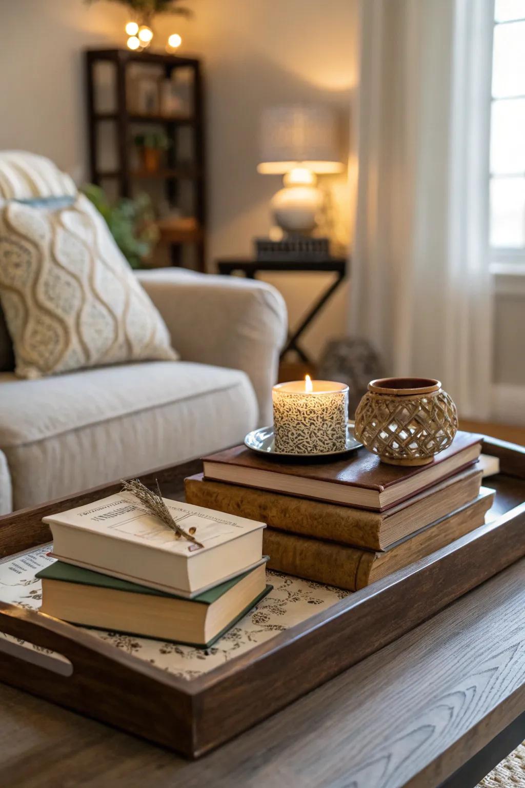 Literary accents build character and richness in the living room.