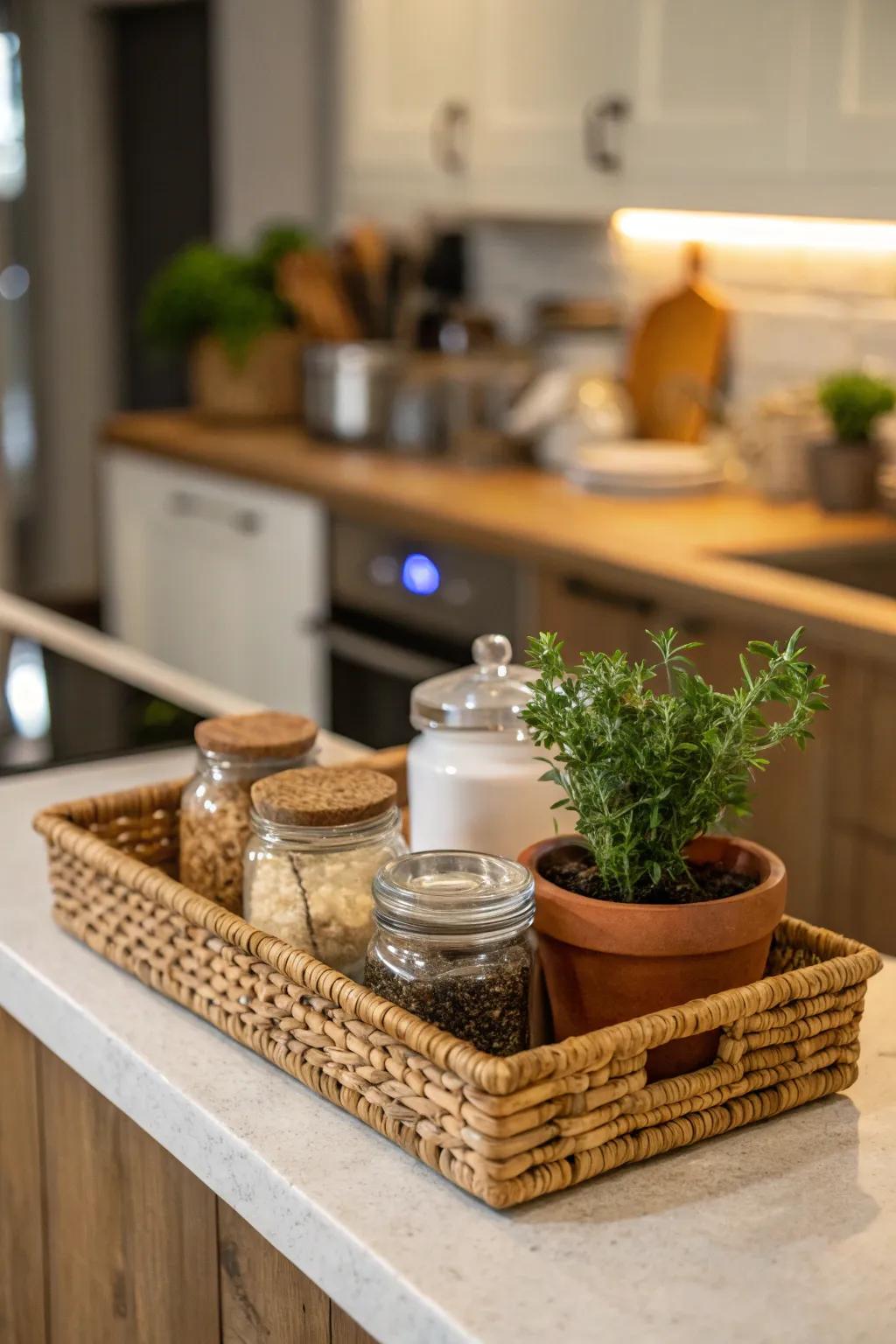 A rustic kitchen counter featuring a cozy woven tray.