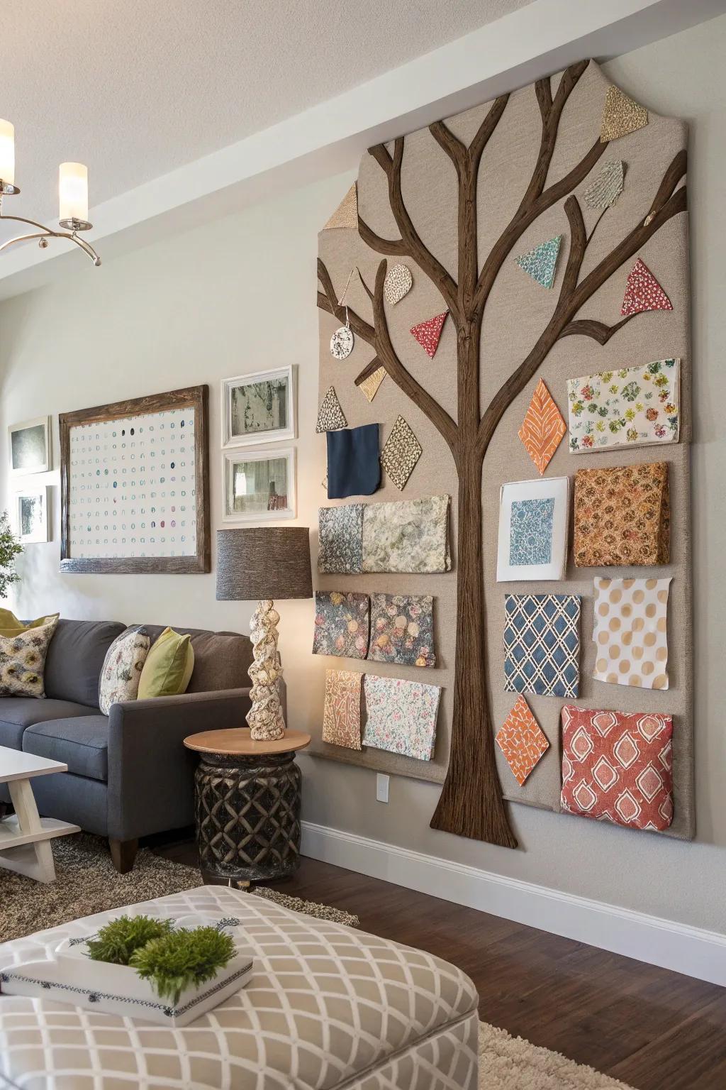 A 3D textured tree bulletin board made from fabric materials.