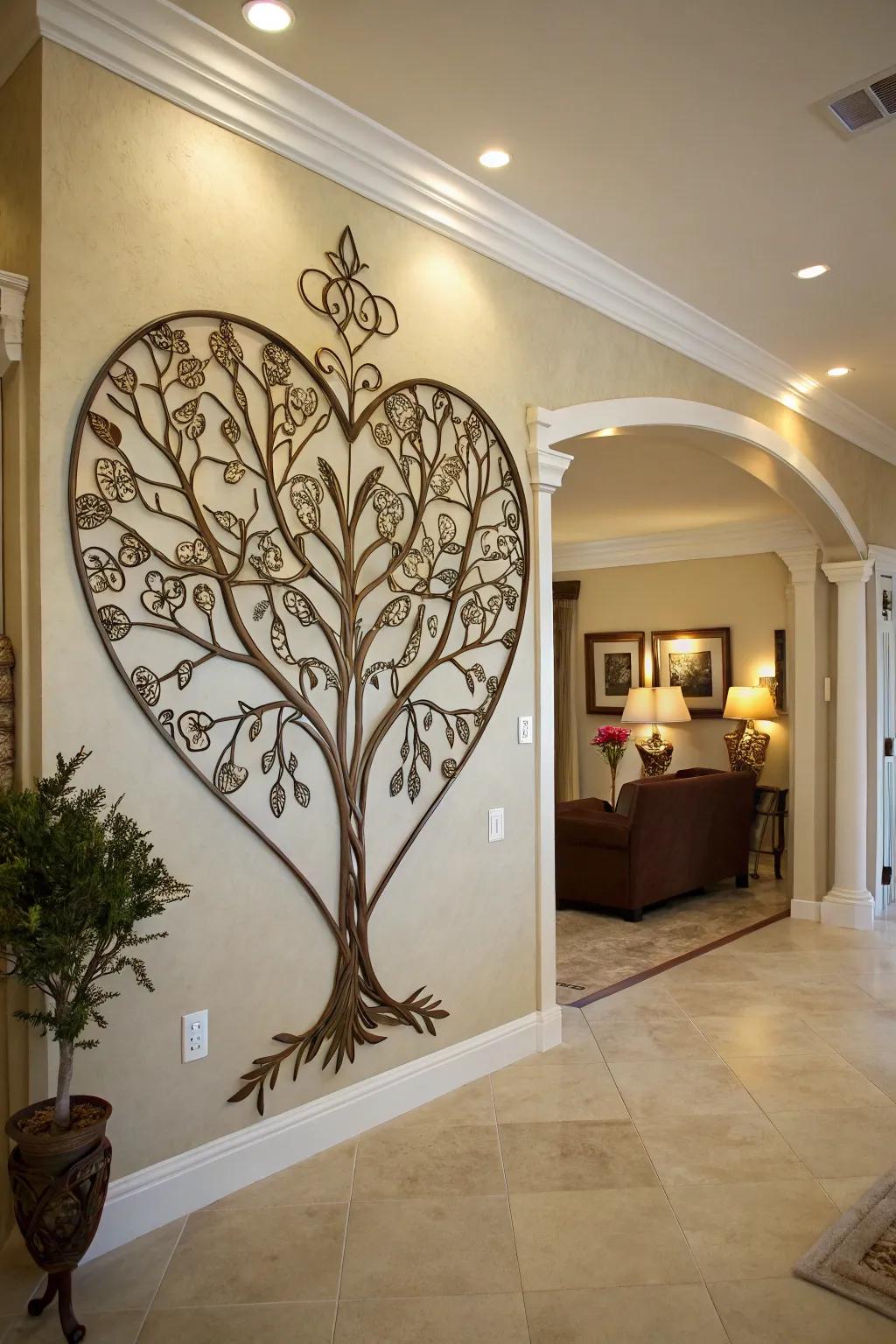 Heart-shaped Arbor Vitae metal art adorns an entryway wall.