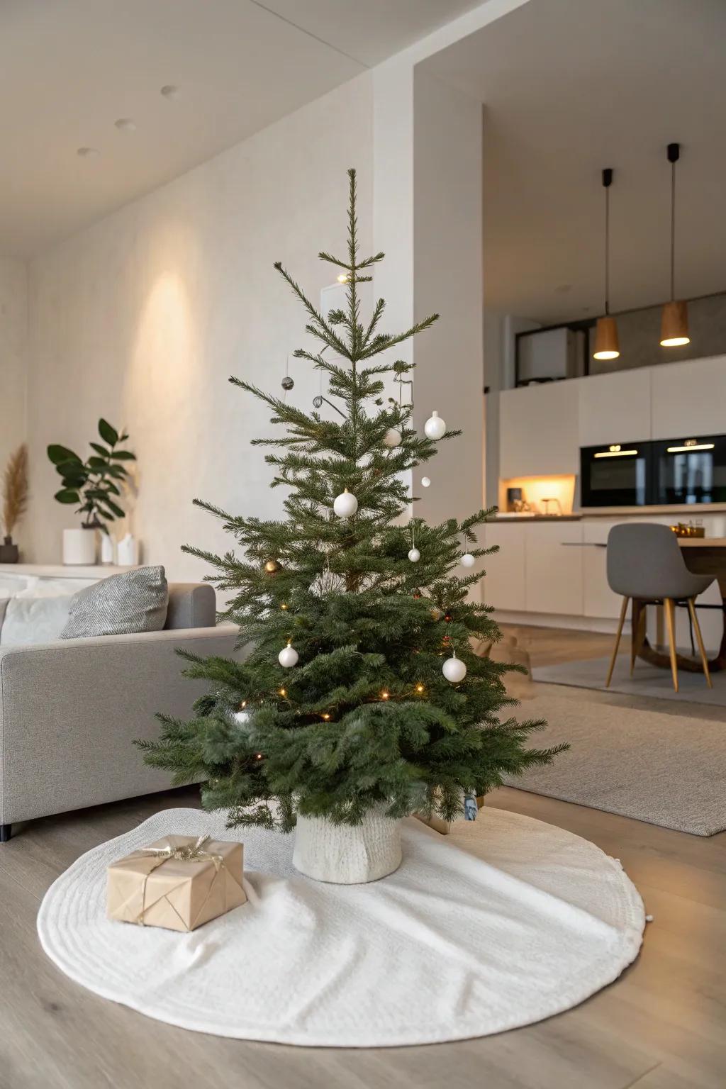 A minimalist tree skirt nicely complements a modern Christmas tree display.