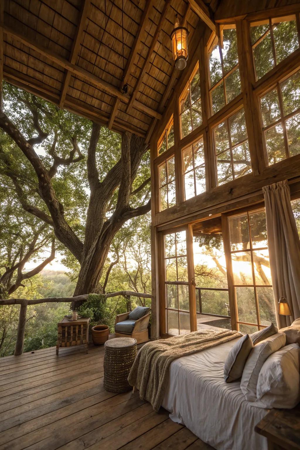 A treehouse filled with natural light, attributed to expansive windows that seamlessly merge the indoors with the beauty of the outdoors.