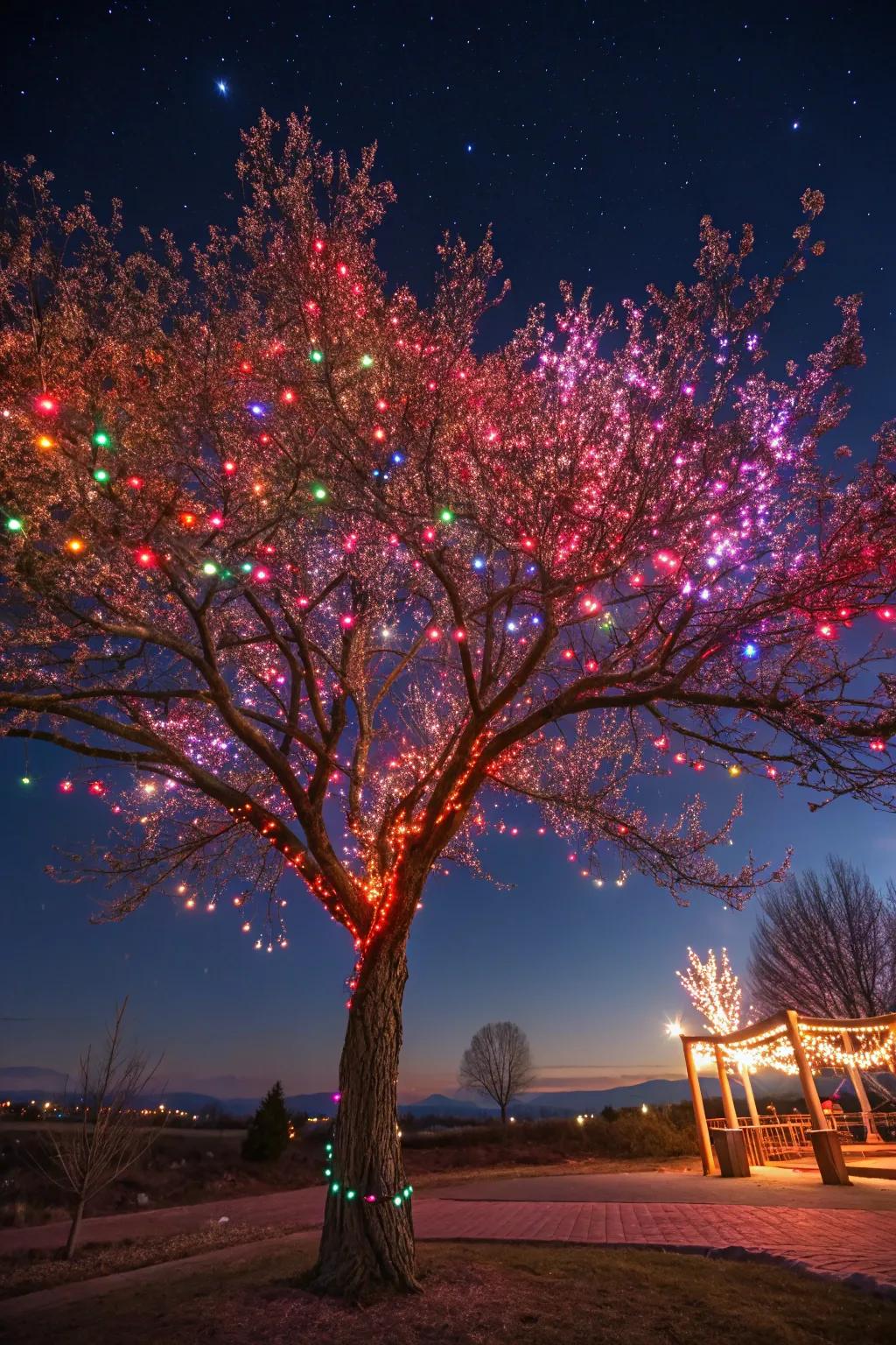 Colorful lights breathe life into a tree with vibrant shades.