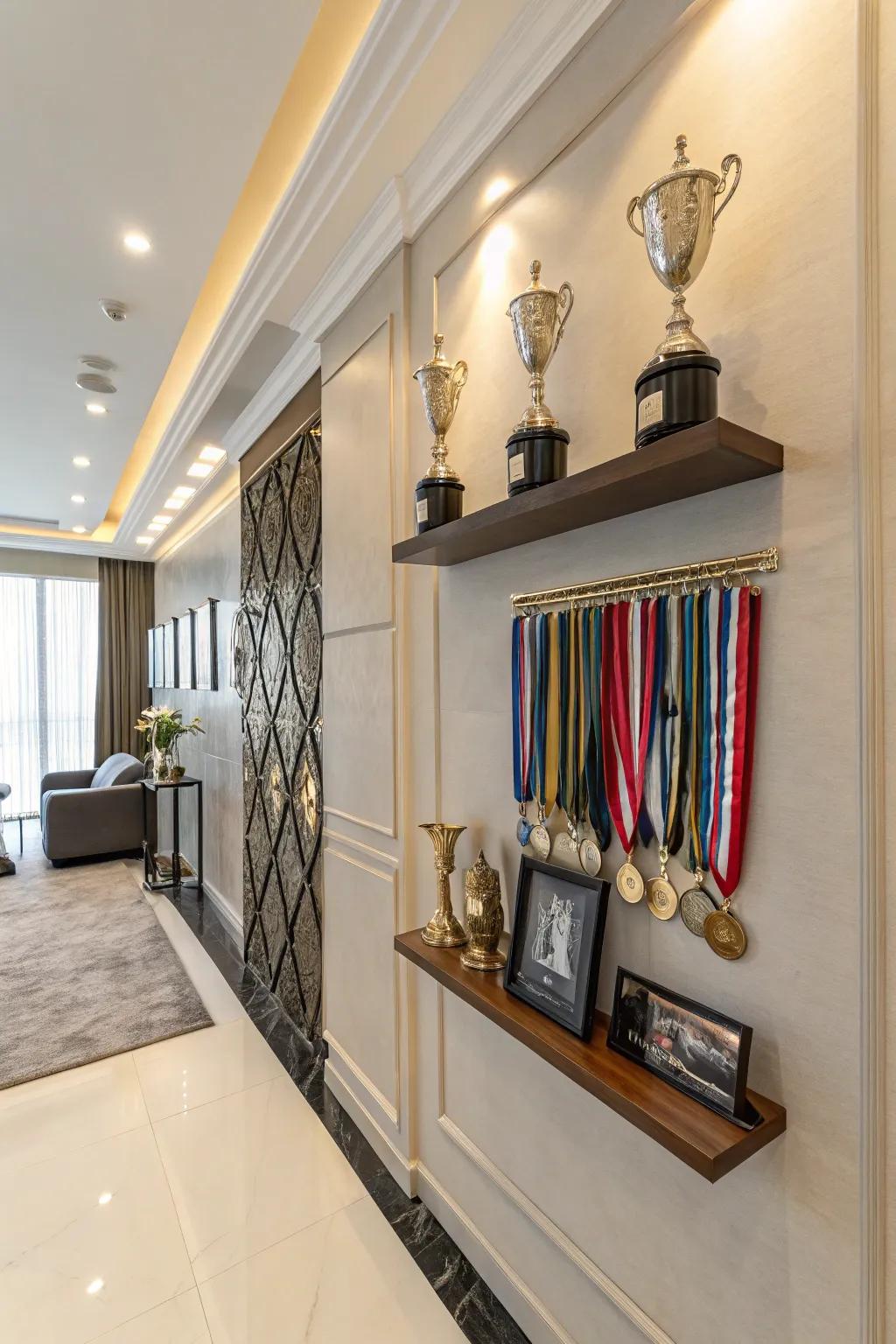 Medal display beneath trophy shelves