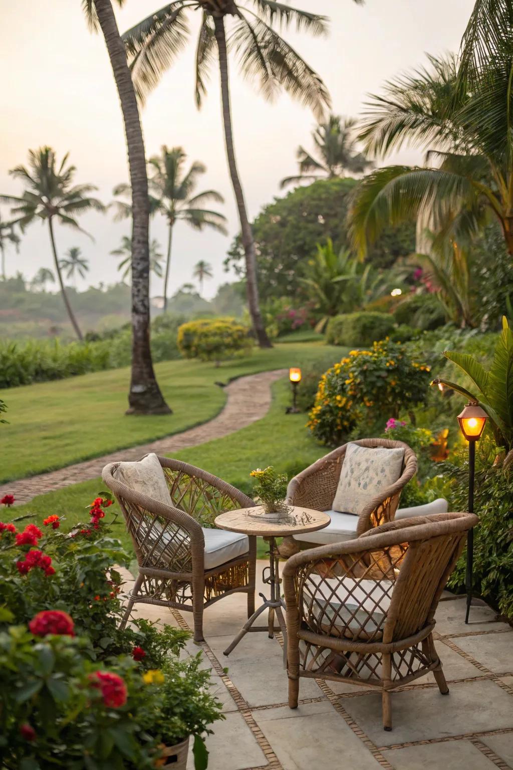 A snug sitting niche encircled by tropic vegetation, ideal for unwinding.