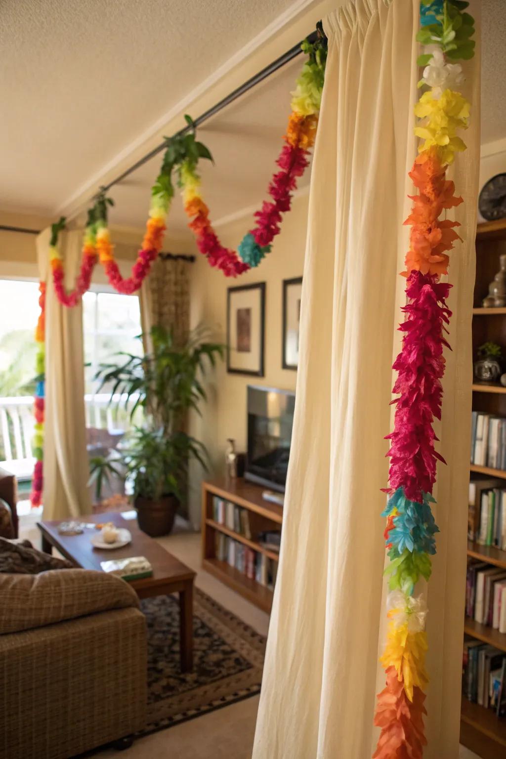 Leis as curtain ties add a tropical twist to your windows.