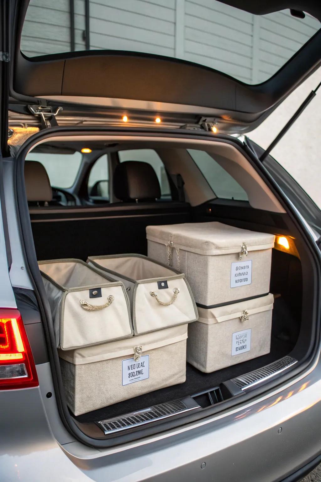 Fabric boxes with hook and loop fastener for a quiet and secure trunk setup.