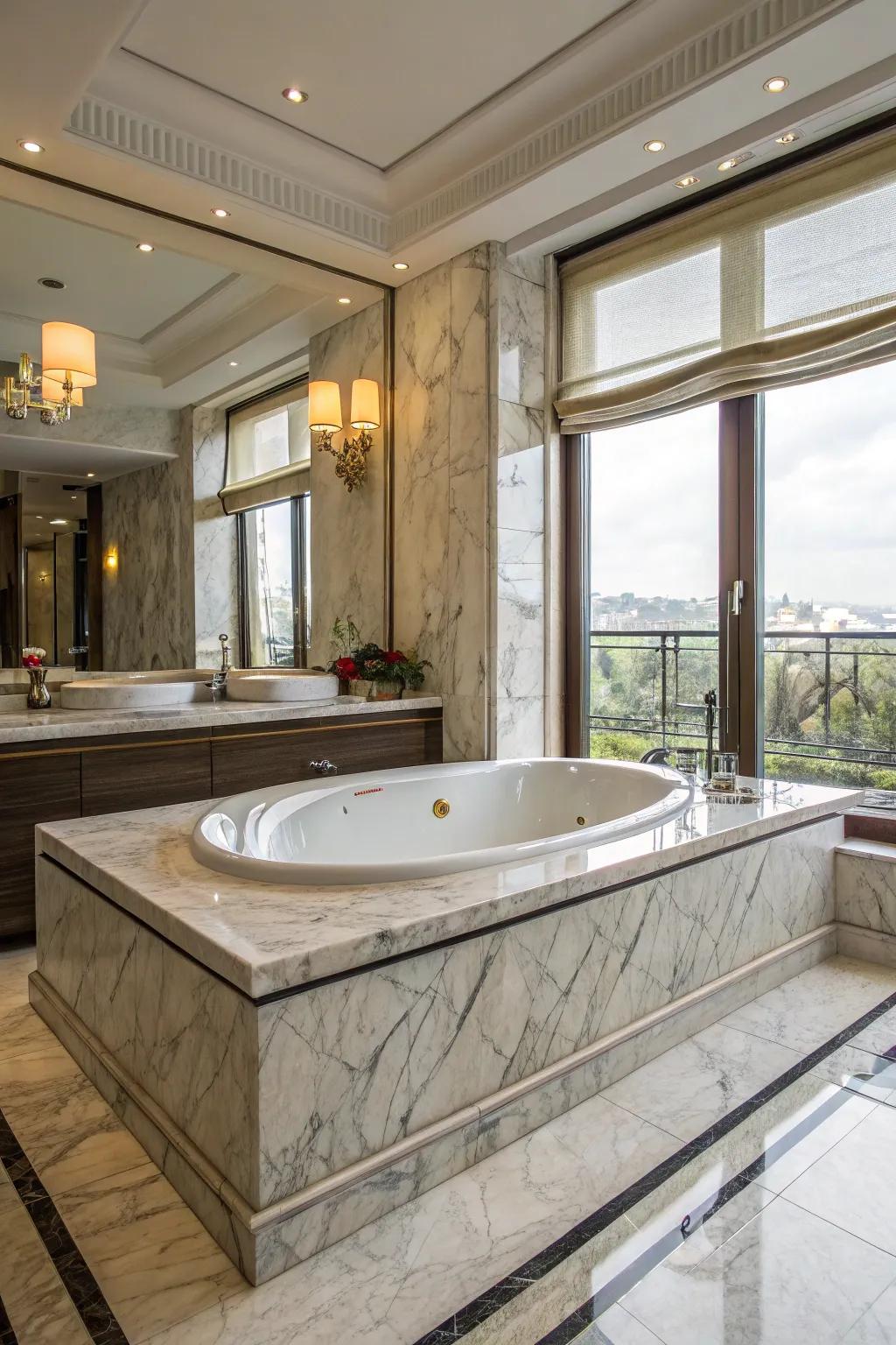 A tub deck featuring extravagant marble finishes that enrich the ambiance.