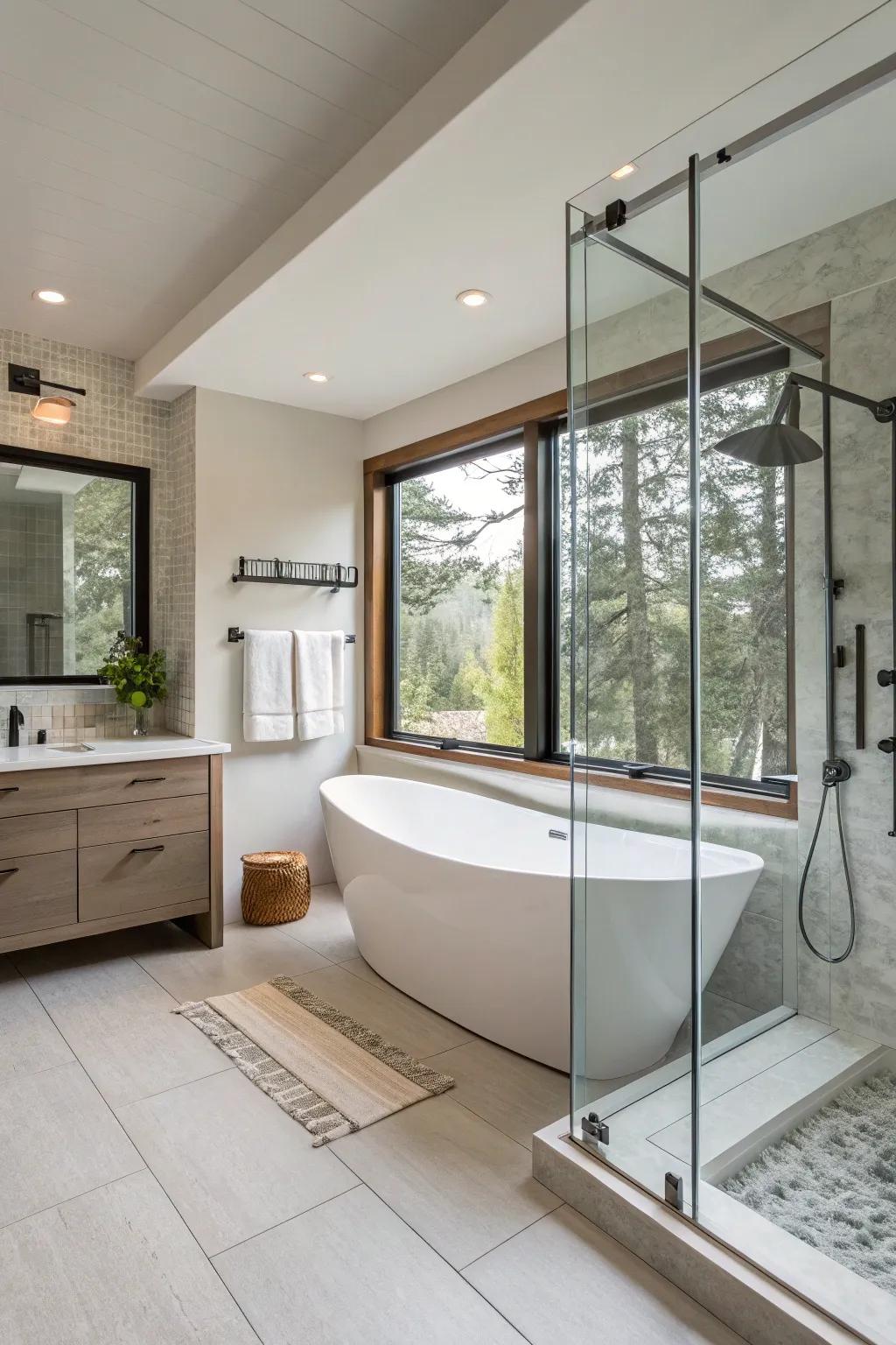 Glass partitions add a modern vibe and let more light into the bathroom.