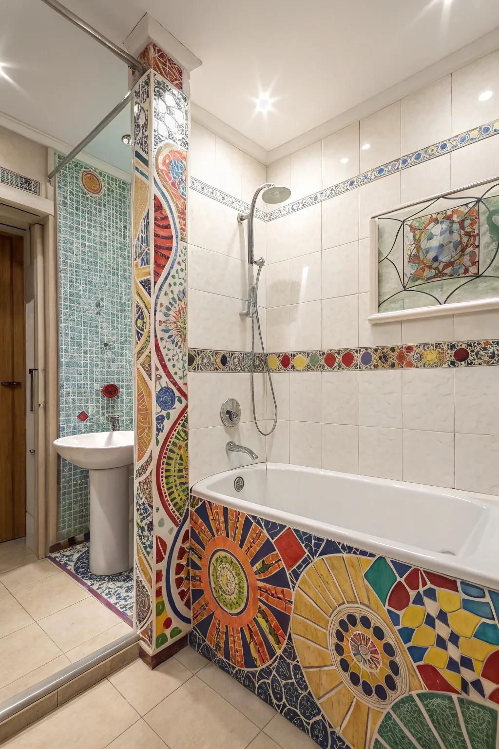 Bold mosaic tiles add a splash of color and personality to this tub and shower area.