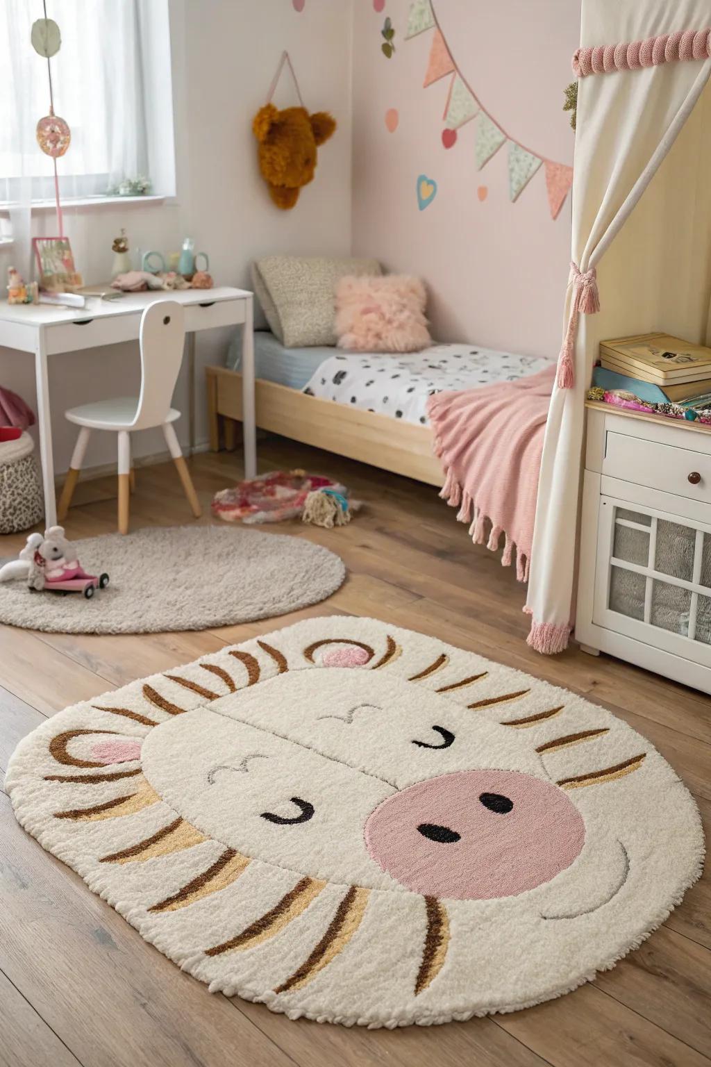 Creature-themed floor coverings contribute a whimsical aspect to children's spaces.