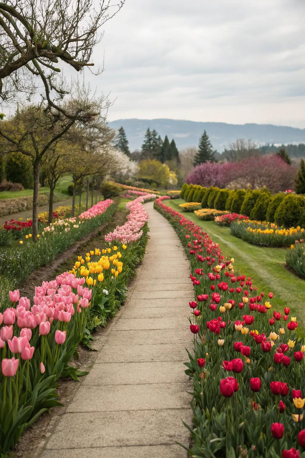 A whimsical path lined with tulips, adding elegance and color to the garden experience.