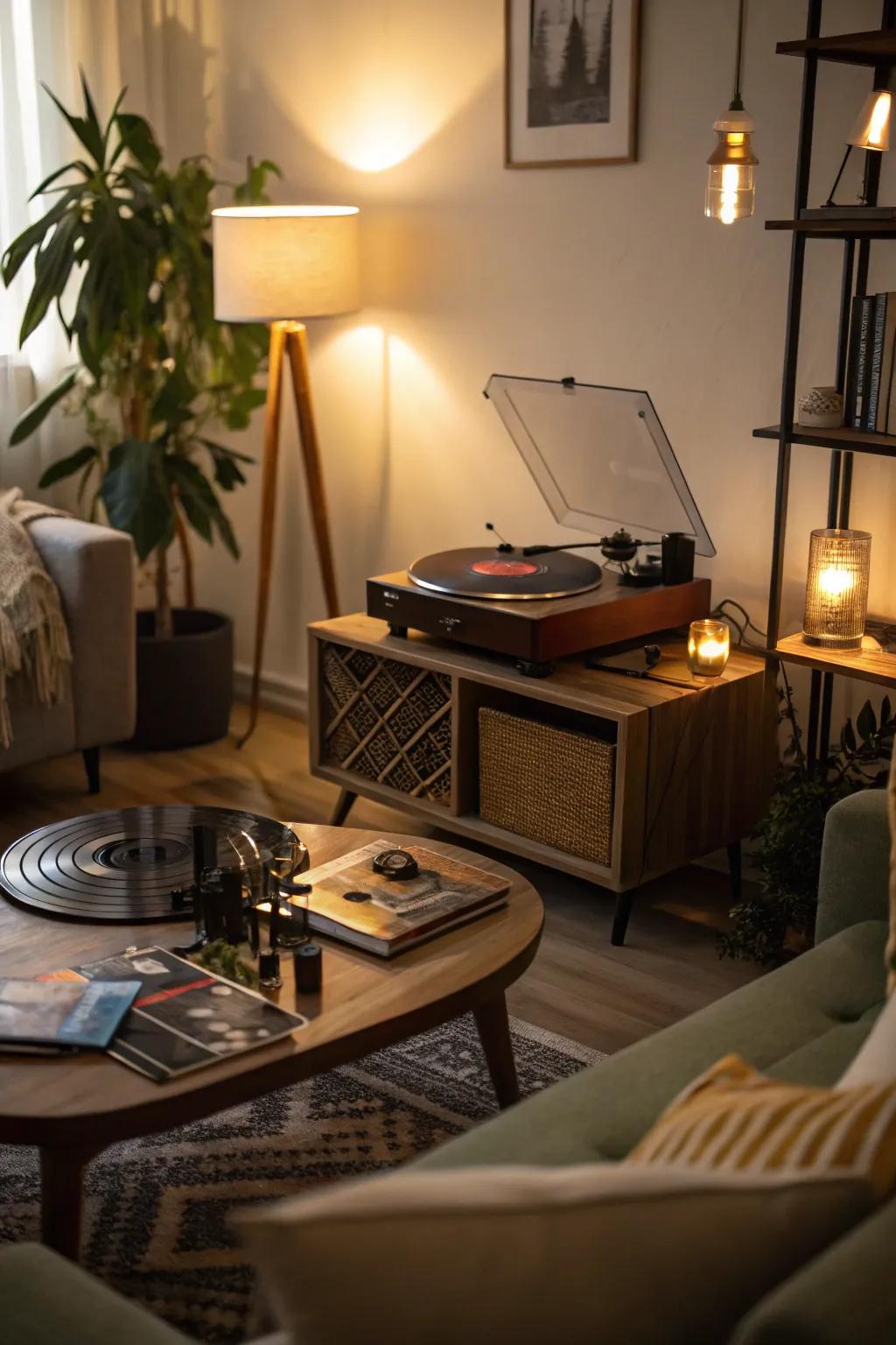 Ambient lighting infusing warmth into a turntable area.