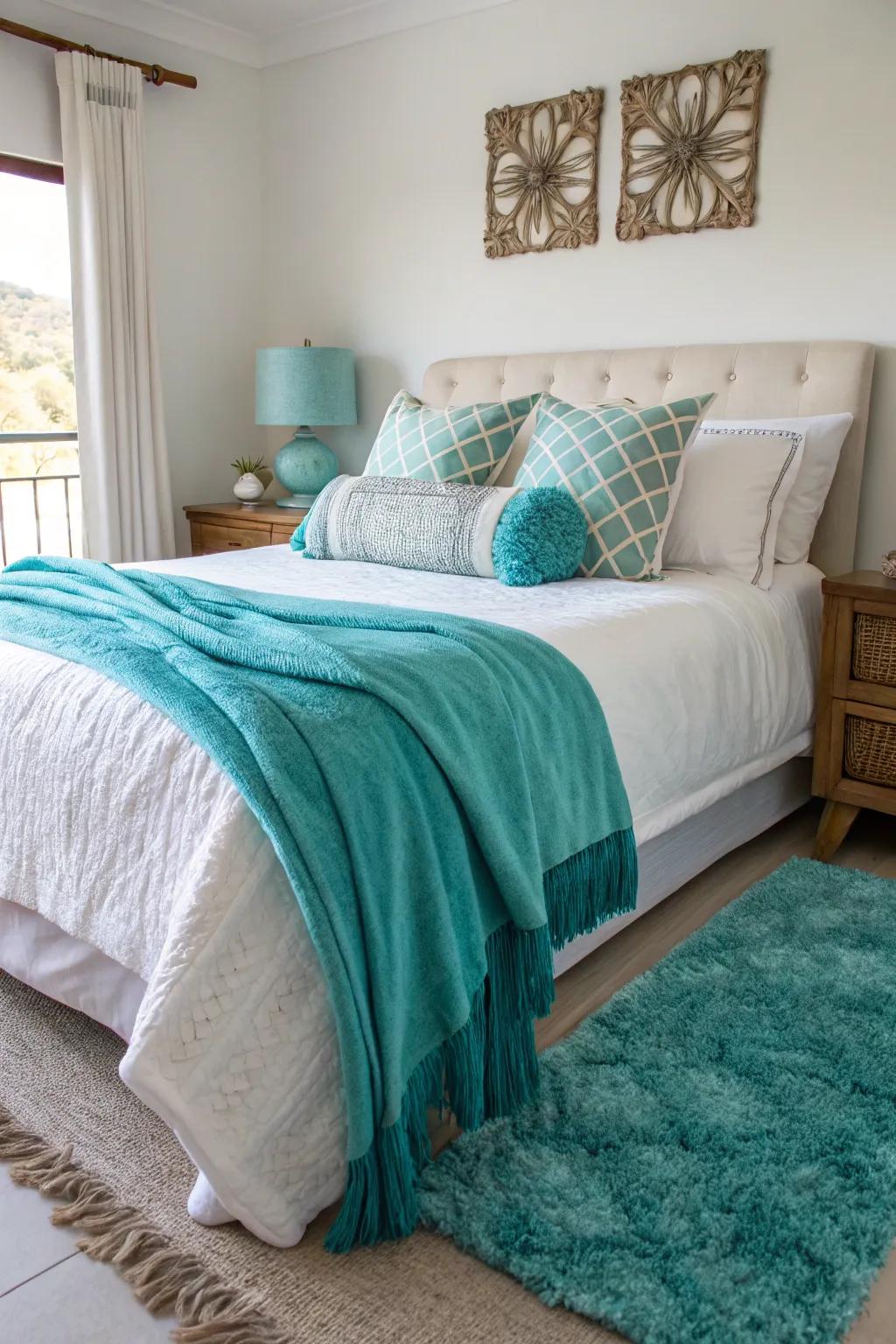 Delicate turquoise fabrics contribute color and warmth to this welcoming bedroom.